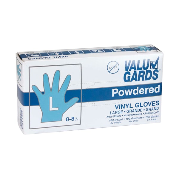 Valugards P, Vinyl Disposable Gloves, Vinyl, Powdered, L, 1000 PK, Clear